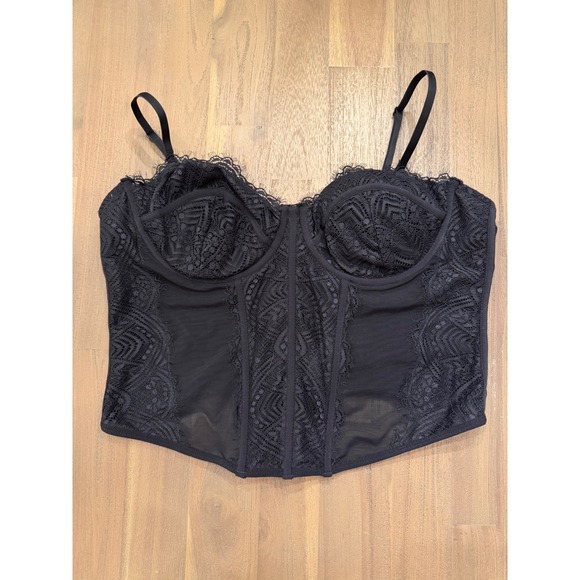 Garage Tops - Black Lace Festival Whimsigoth Corset Top Underwire Mesh Bustier Hook Eye Back